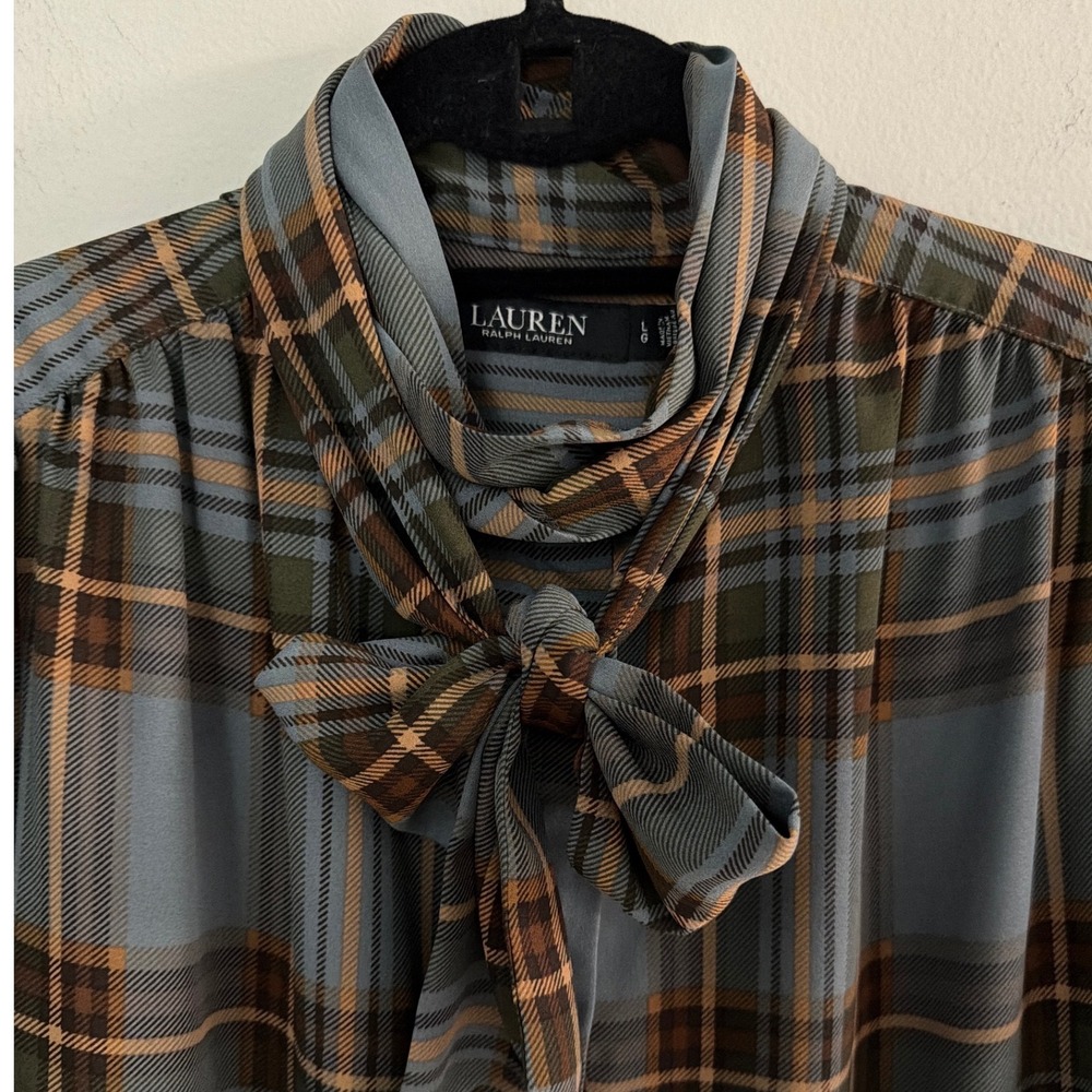 Lauren Ralph Lauren Blue Brown Plaid Tie Neck Bow Blouse Puff Shoulder Large